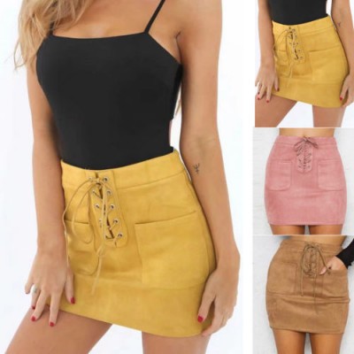 Women Leather Suede Lace Up Bandage High Waist Party Pencil Short Mini Skirt Ladies 